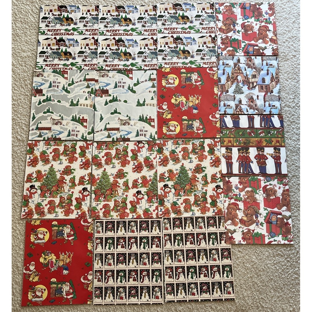 Vintage Christmas Gift Wrapping Paper Lot 16 Sheets Santa Snowman Bear Prints